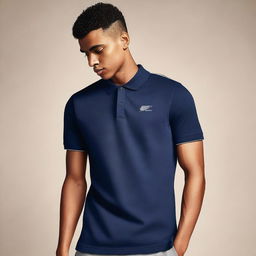 A model wearing a Nike polo t-shirt with the name 'RJS GROUP' embroidered on the right side