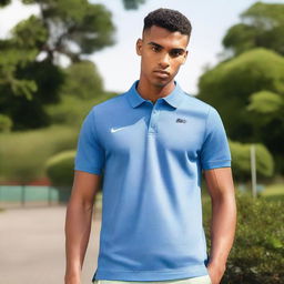 A model wearing a Nike polo t-shirt with the name 'RJS GROUP' embroidered on the right side