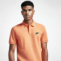 A model wearing a Nike polo t-shirt with the name 'RJS GROUP' embroidered on the right side