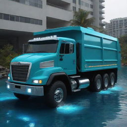 An aquapunk inspired dump truck, retrofitted for underwater use, featuring bioluminescent lights, aquatic design features, and equipped to unload materials in submerged, futuristic underwater cities.