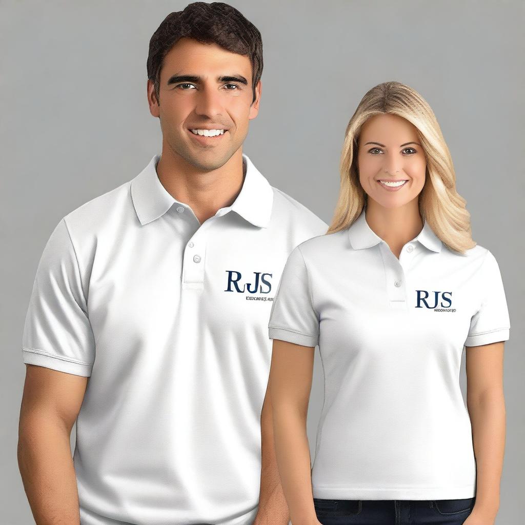 A polo shirt design featuring the words 'RJS GROUP' on the right chest in a professional and sleek font