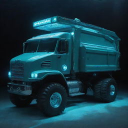 An aquapunk inspired dump truck, retrofitted for underwater use, featuring bioluminescent lights, aquatic design features, and equipped to unload materials in submerged, futuristic underwater cities.