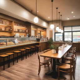 A cozy and inviting cafeteria with wooden tables and chairs, warm lighting, and a counter displaying various pastries and coffee options