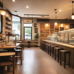 A cozy and inviting cafeteria with wooden tables and chairs, warm lighting, and a counter displaying various pastries and coffee options