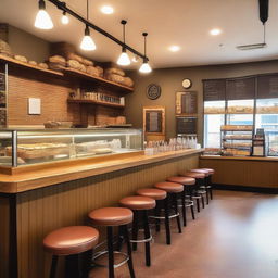 A cozy and inviting cafeteria with wooden tables and chairs, warm lighting, and a counter displaying various pastries and coffee options