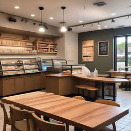 A cozy and inviting cafeteria with wooden tables and chairs, warm lighting, and a counter displaying various pastries and coffee options