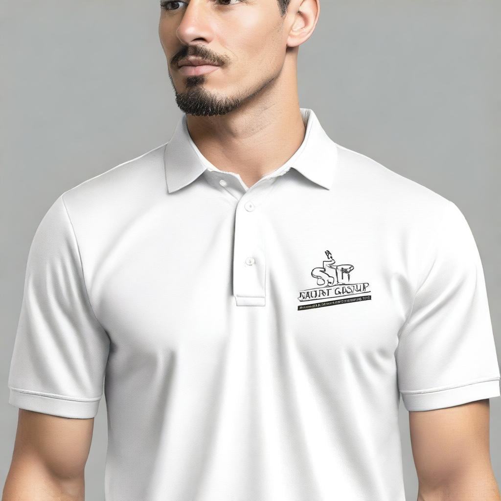 A simple and elegant polo shirt design with the words 'RJS GROUP' printed on the right plain chest