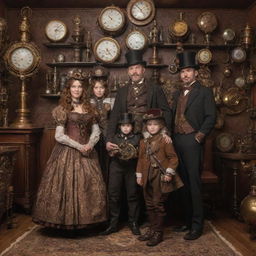 A family dressed in elaborate steampunk fashion comprising Victorian clothing, intricate brass accessories, and surrounded by gear-filled, steam-powered home decor.