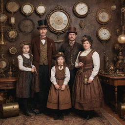 A family dressed in elaborate steampunk fashion comprising Victorian clothing, intricate brass accessories, and surrounded by gear-filled, steam-powered home decor.