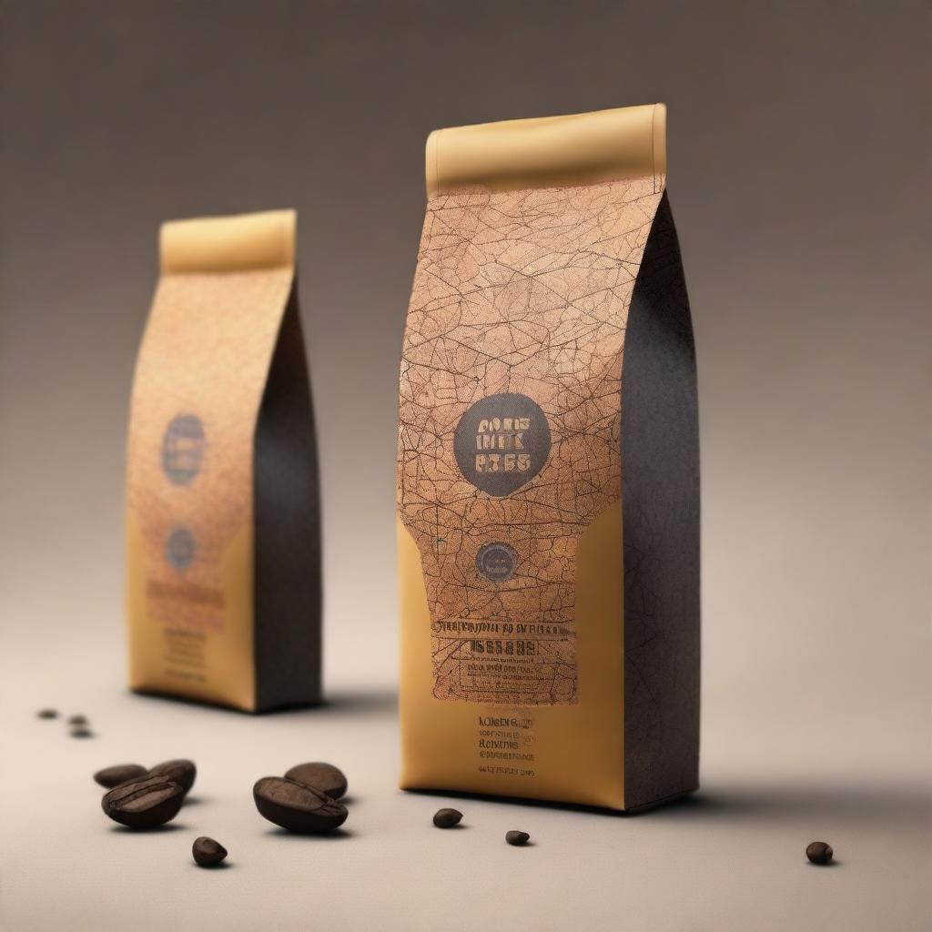 Design an unusual, textured, geometric packaging for coffee beans using the provided reference images