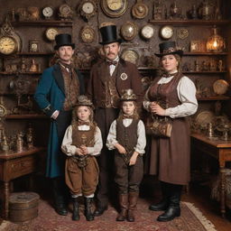 A family dressed in elaborate steampunk fashion comprising Victorian clothing, intricate brass accessories, and surrounded by gear-filled, steam-powered home decor.