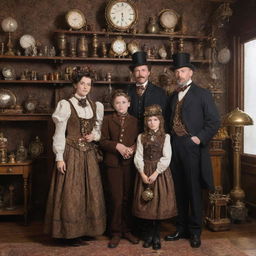 A family dressed in elaborate steampunk fashion comprising Victorian clothing, intricate brass accessories, and surrounded by gear-filled, steam-powered home decor.