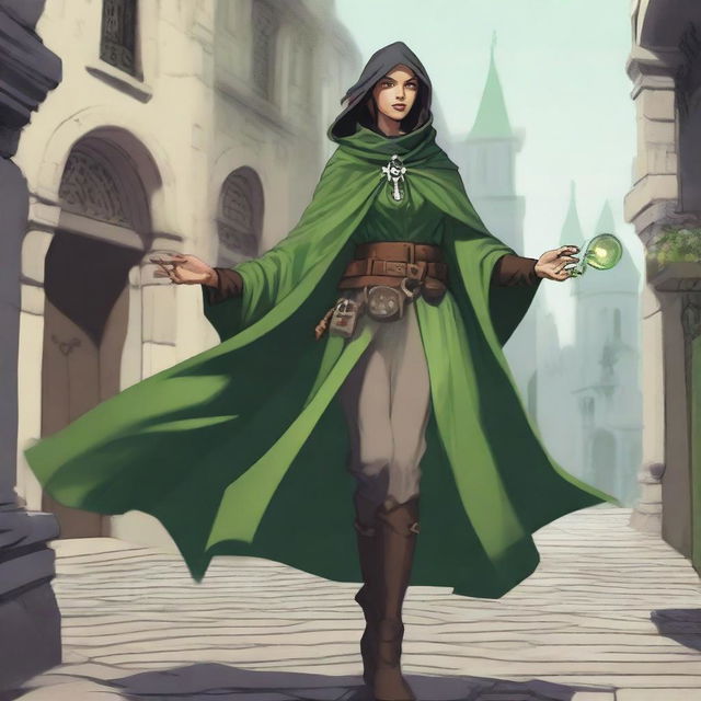 A female sorcerer with a green patched cloak walking sardonically towards the viewer down a cobblestone street in a fantasy city