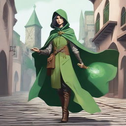 A female sorcerer with a green patched cloak walking sardonically towards the viewer down a cobblestone street in a fantasy city