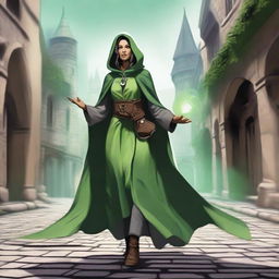 A female sorcerer with a green patched cloak walking sardonically towards the viewer down a cobblestone street in a fantasy city