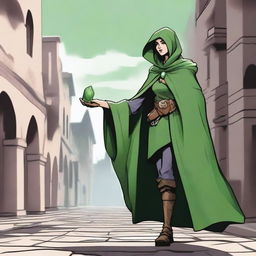 A female sorcerer with a green patched cloak walking sardonically towards the viewer down a cobblestone street in a fantasy city