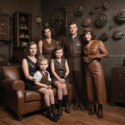 A family adorned in dieselpunk fashion, displaying an affinity for industrial, mechanical gear, vintage leather attire, and posing in an art-deco inspired living space.