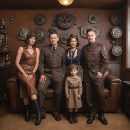 A family adorned in dieselpunk fashion, displaying an affinity for industrial, mechanical gear, vintage leather attire, and posing in an art-deco inspired living space.