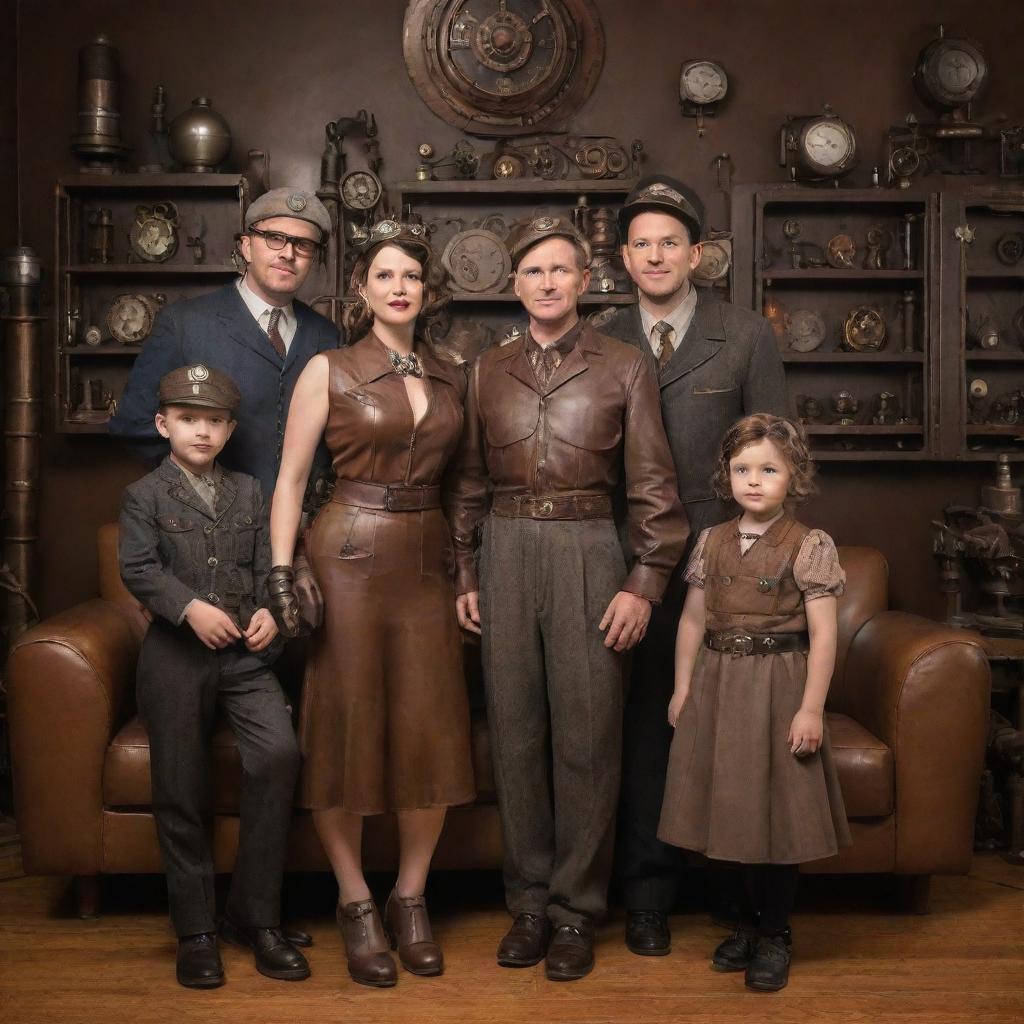 A family adorned in dieselpunk fashion, displaying an affinity for industrial, mechanical gear, vintage leather attire, and posing in an art-deco inspired living space.