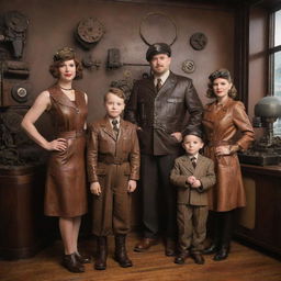 A family adorned in dieselpunk fashion, displaying an affinity for industrial, mechanical gear, vintage leather attire, and posing in an art-deco inspired living space.