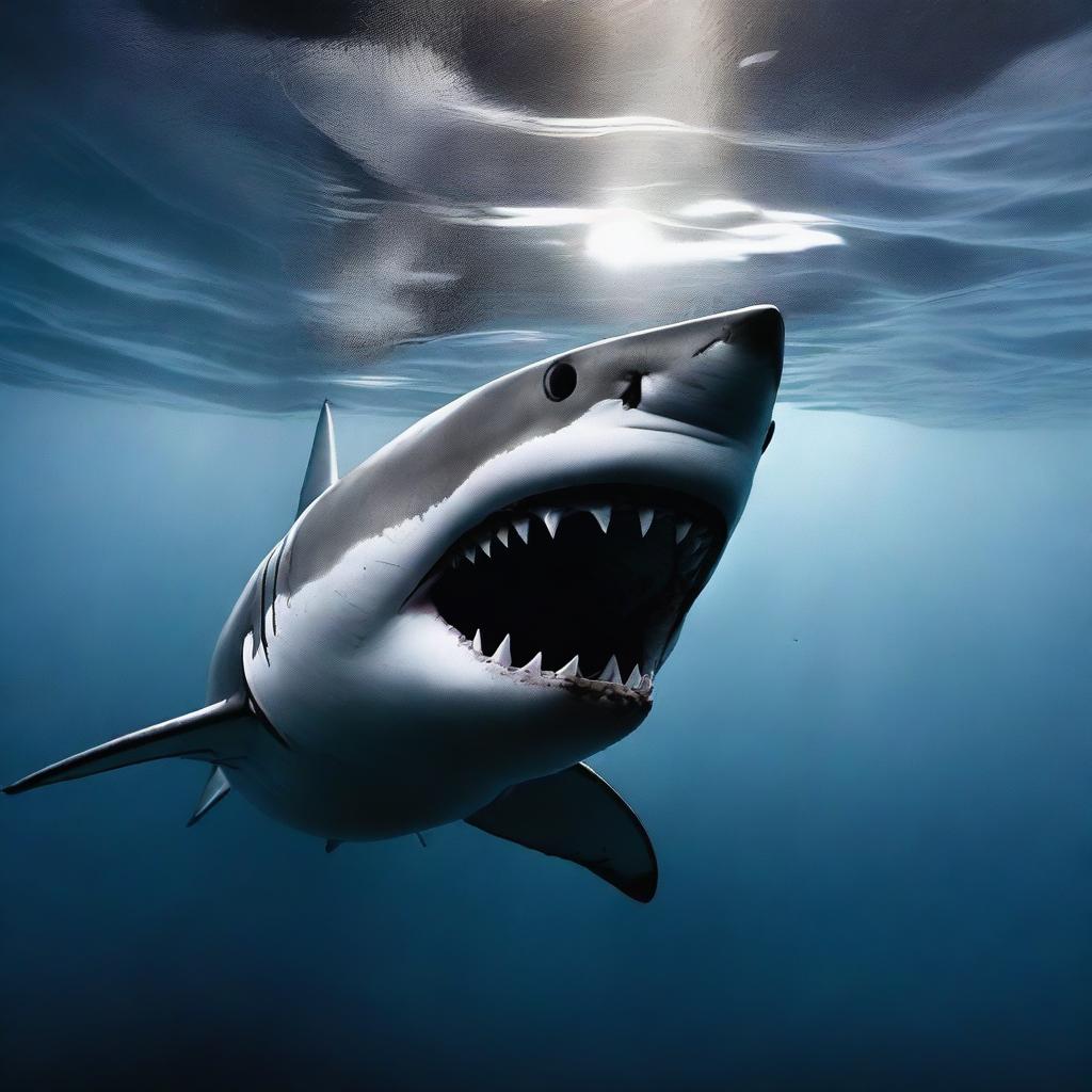 A dramatic underwater scene featuring a great white shark with its jaws wide open, swimming towards the viewer