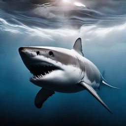 A dramatic underwater scene featuring a great white shark with its jaws wide open, swimming towards the viewer