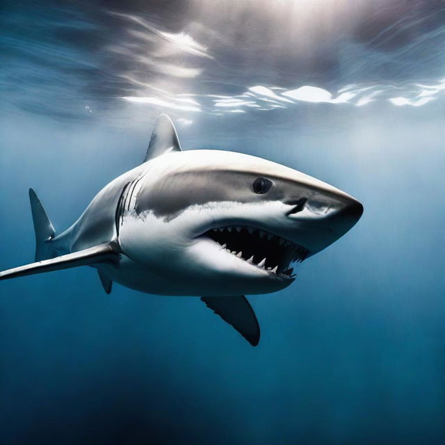 A dramatic underwater scene featuring a great white shark with its jaws wide open, swimming towards the viewer