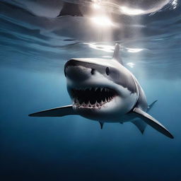 A dramatic underwater scene featuring a great white shark with its jaws wide open, swimming towards the viewer