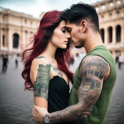 Generate an image of a black-haired boy with green eyes and tattoos on his arms, who is in love with a red-haired girl with long hair