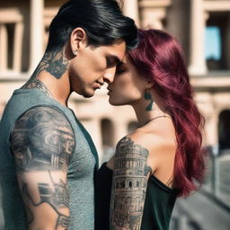 Generate an image of a black-haired boy with green eyes and tattoos on his arms, who is in love with a red-haired girl with long hair