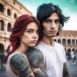 Generate an image of a black-haired boy with green eyes and tattoos on his arms, who is in love with a red-haired girl with long hair