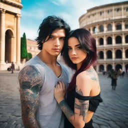 Generate an image of a black-haired boy with green eyes and tattoos on his arms, who is in love with a red-haired girl with long hair