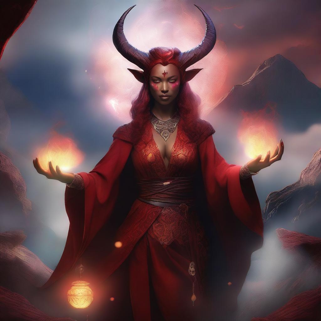 A tiefling woman with red skin and horns, casting a spell with glowing magical effects surrounding her