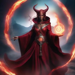 A tiefling woman with red skin and horns, casting a spell with glowing magical effects surrounding her