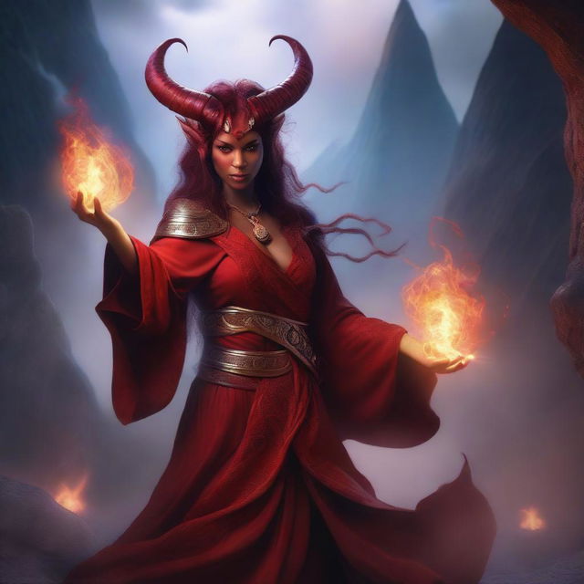 A tiefling woman with red skin and horns, casting a spell with glowing magical effects surrounding her