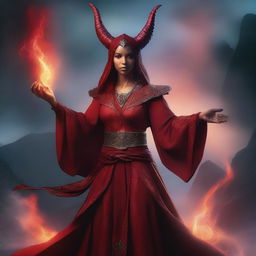 A tiefling woman with red skin and horns, casting a spell with glowing magical effects surrounding her