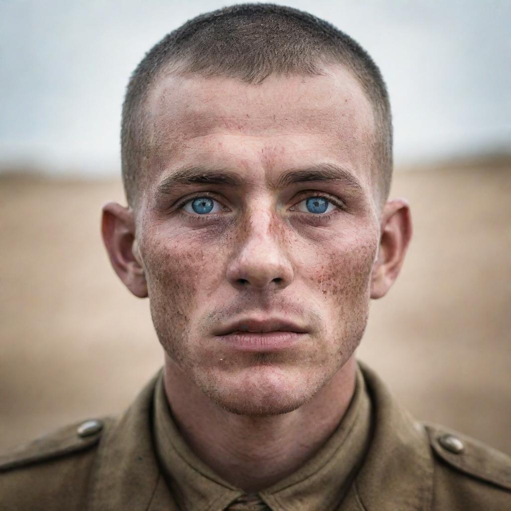 A World War I American private with brown buzzcut hair, fair freckled skin, light blue eyes, and a few minor facial scars radiating the trials of battle.