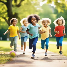 A group of happy children playing together in a park on a sunny day