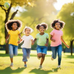 A group of happy children playing together in a park on a sunny day