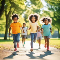 A group of happy children playing together in a park on a sunny day