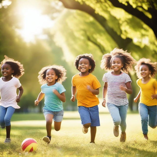 A group of happy children playing together in a park on a sunny day