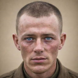 A World War I American private with brown buzzcut hair, fair freckled skin, light blue eyes, and a few minor facial scars radiating the trials of battle.