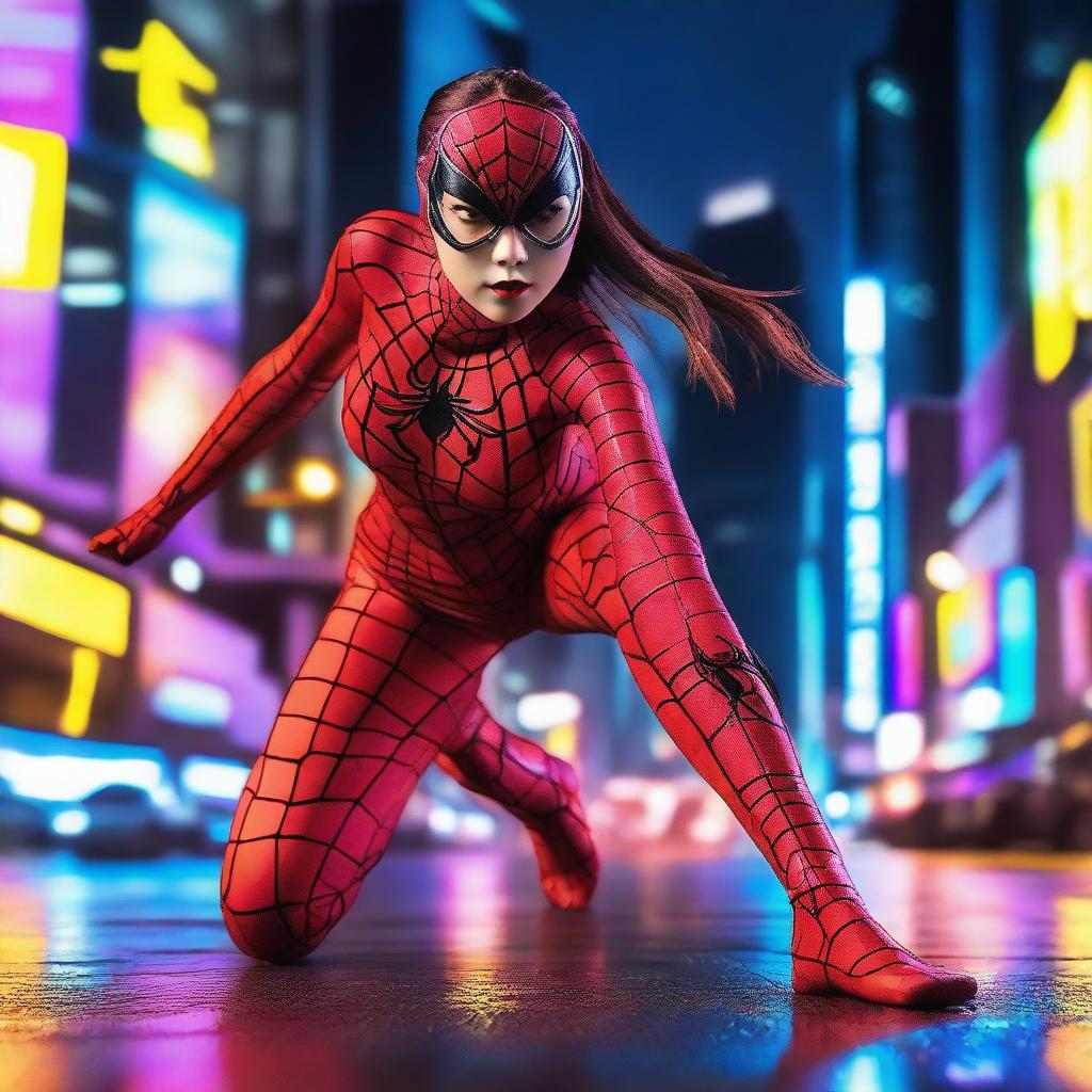 A hot Korean girl dressed in a detailed Spiderwoman cosplay outfit