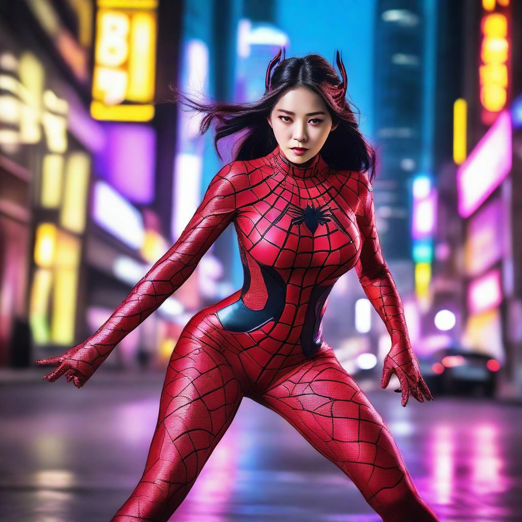 A hot Korean girl dressed in a detailed Spiderwoman cosplay outfit