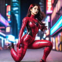 A hot Korean girl dressed in a detailed Spiderwoman cosplay outfit