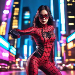 A hot Korean girl dressed in a detailed Spiderwoman cosplay outfit