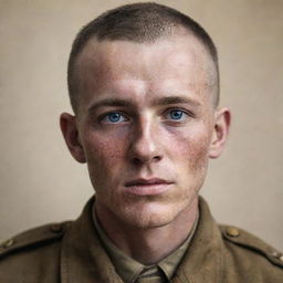 A World War I American private with brown buzzcut hair, fair freckled skin, light blue eyes, and a few minor facial scars radiating the trials of battle.