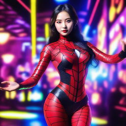 A hot Korean girl dressed in Spiderwoman cosplay, standing in a vibrant club with colorful lights and a lively atmosphere