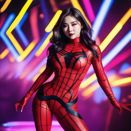 A hot Korean girl dressed in Spiderwoman cosplay, standing in a vibrant club with colorful lights and a lively atmosphere