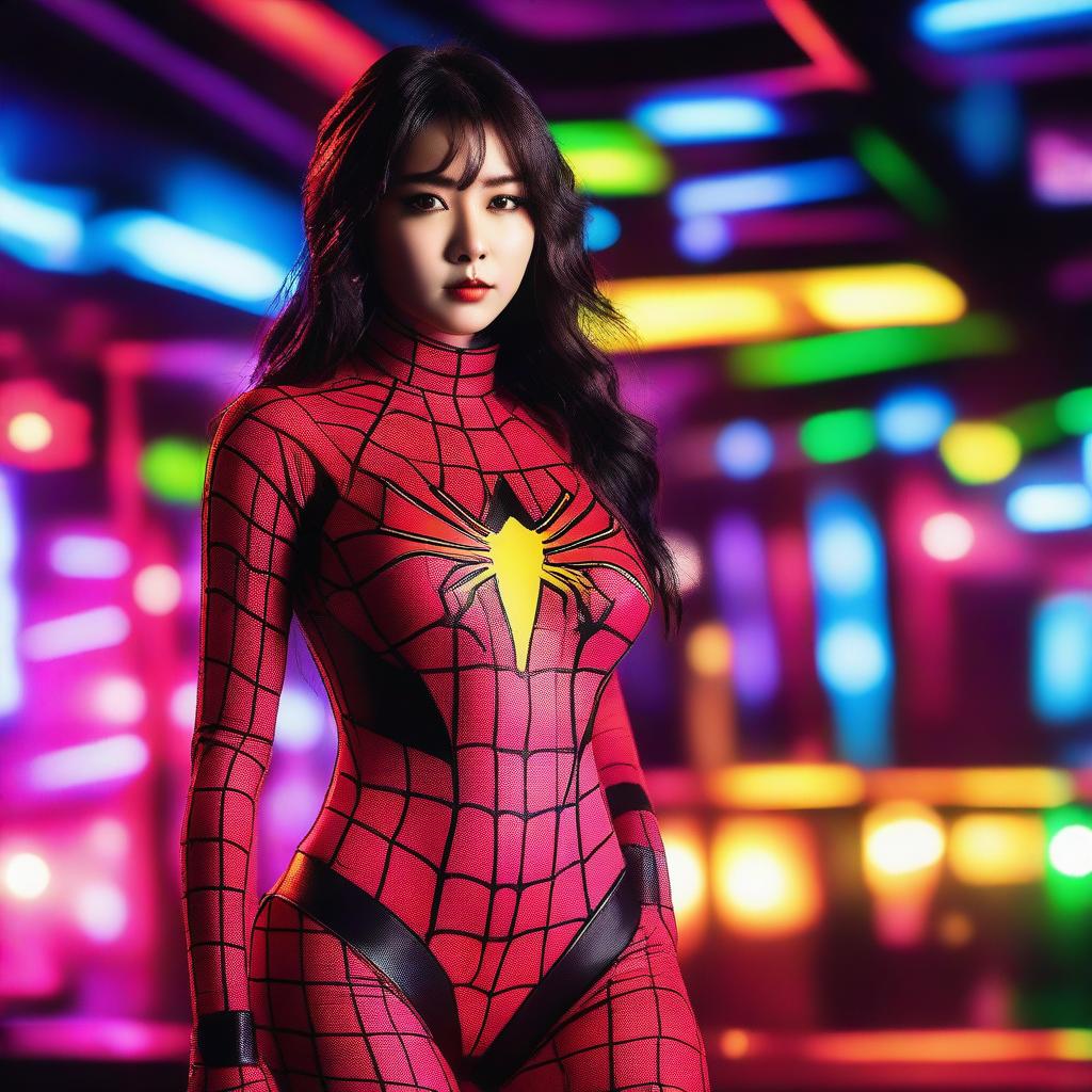 A hot Korean girl dressed in Spiderwoman cosplay, standing in a vibrant club with colorful lights and a lively atmosphere